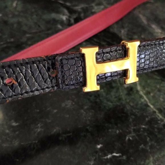 Hermès Crocodile 18K Gold H Logo Black & Red Belt - Picture 6 of 12